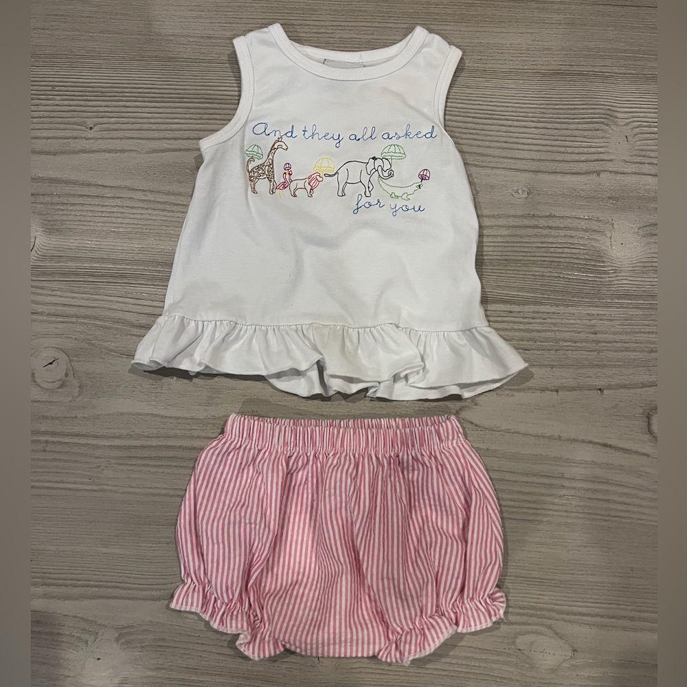 White Ruffle Top and Pink Striped Shorts Set